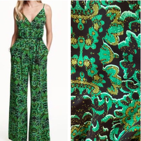 H&M Conscious Wide-Leg Vibrant Green Printed Jumpsuit - sz 6 - Picture 2 of 8